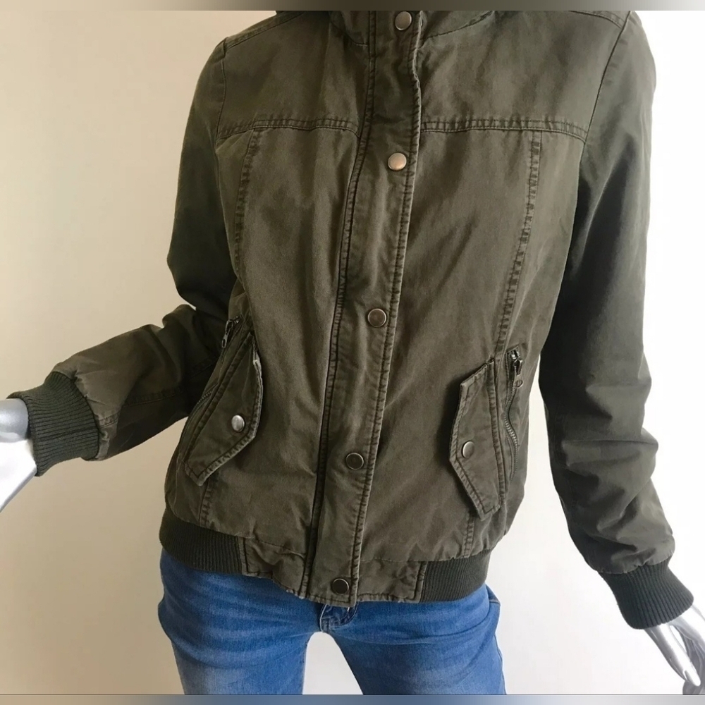 NWOT | G.H. Bass & Co | Bomber Jacket Coat | Fur Trim Hood | L | Olive Green - Picture 4 of 16